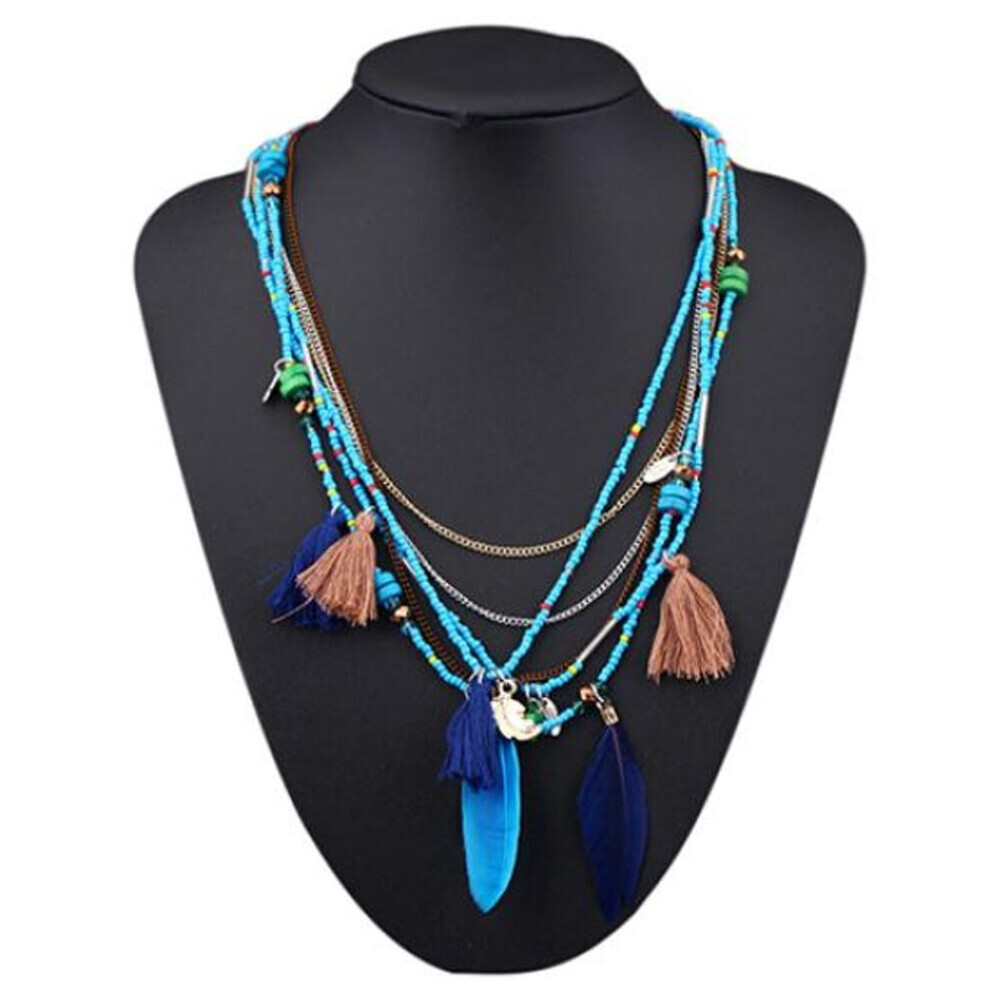 Maxpower (Blue) Women's Boho Ethnic Style Feathers Tassels Beads Multi-Layer Chain Necklace Blue