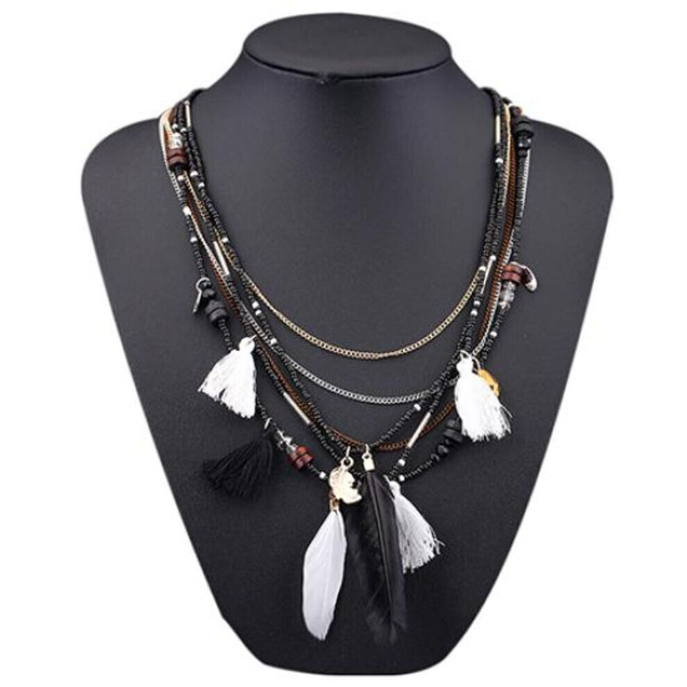 (black) Women&apos;s Boho Ethnic Style Feathers Tassels Beads Multi-layer Chain Necklace