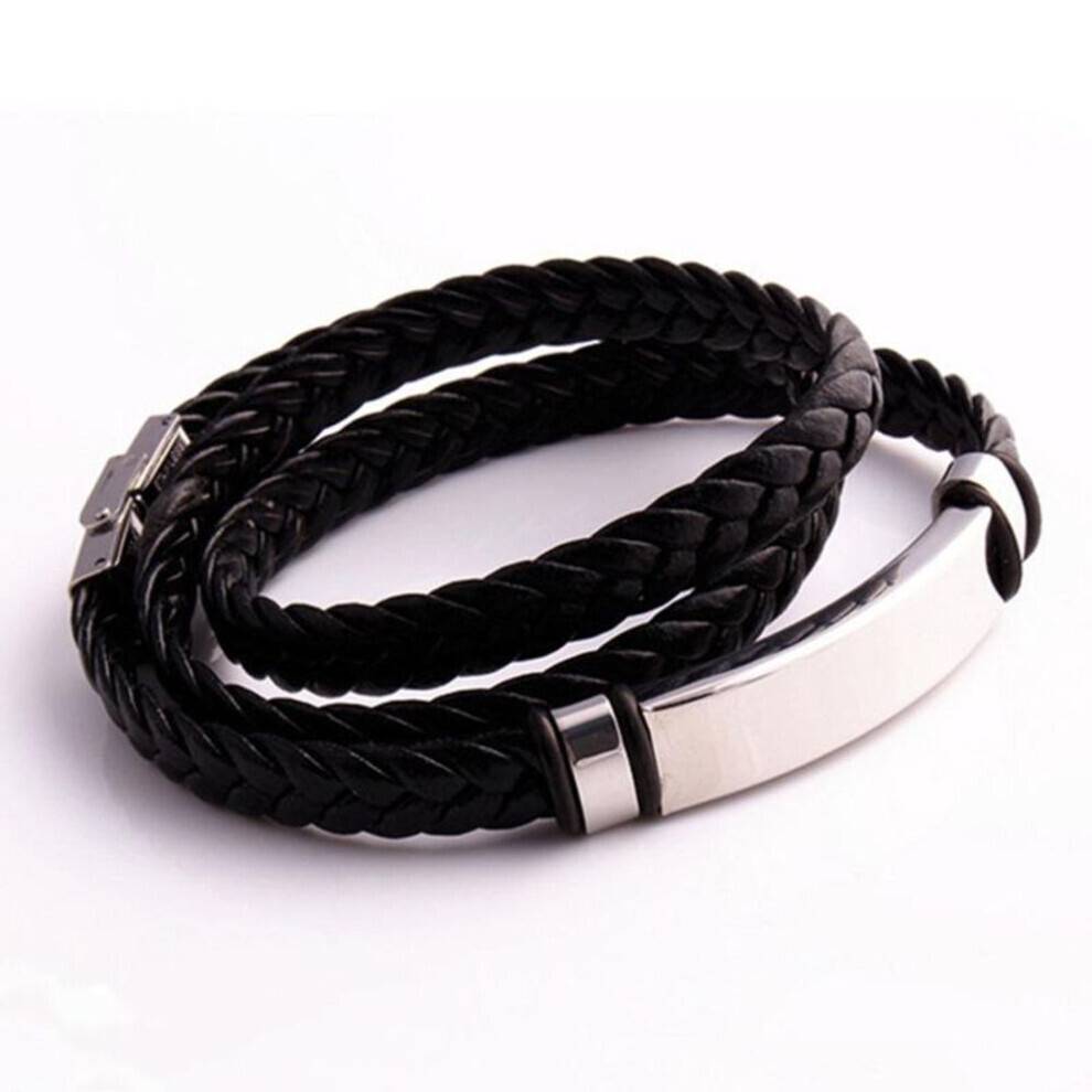 (black) Unisex Leather And Stainless Steel Twisted Long Multi-layer Bracelets Hip Hop Punk Braided Bracelet