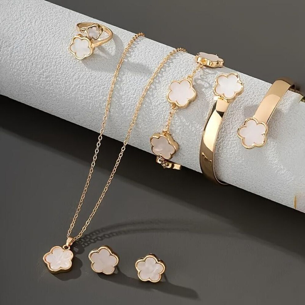 (white) Stylish 5 Piece Lucky Clover Jewelry Set - Necklace, Earrings, Ring, Bracelet & Bangle - Zinc Alloy, Perfect For Casual Wear Or As A Gift!