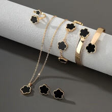 (black) Stylish 5 Piece Lucky Clover Jewelry Set - Necklace, Earrings, Ring, Bracelet & Bangle - Zinc Alloy, Perfect For Casual Wear Or As A Gift!