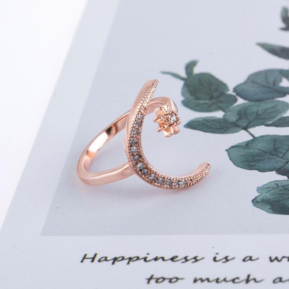 Maxpower (Rose Gold) Crescent Moon Star Zircon Open Rings Engagement Wedding Rings For Bride Princess Birthstone