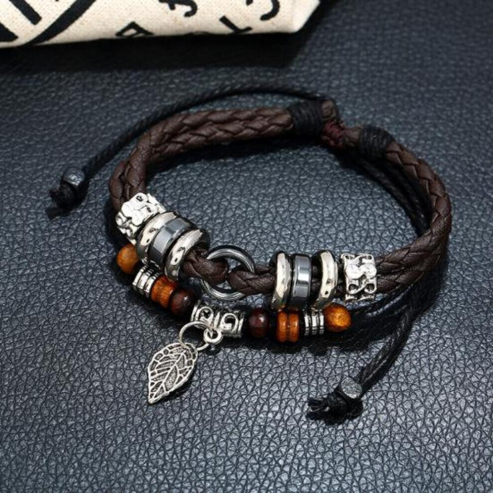 (dark brown) Personality Creative Multi-layer Woven Leaf Pendant Men&apos;s Leather Bracelet