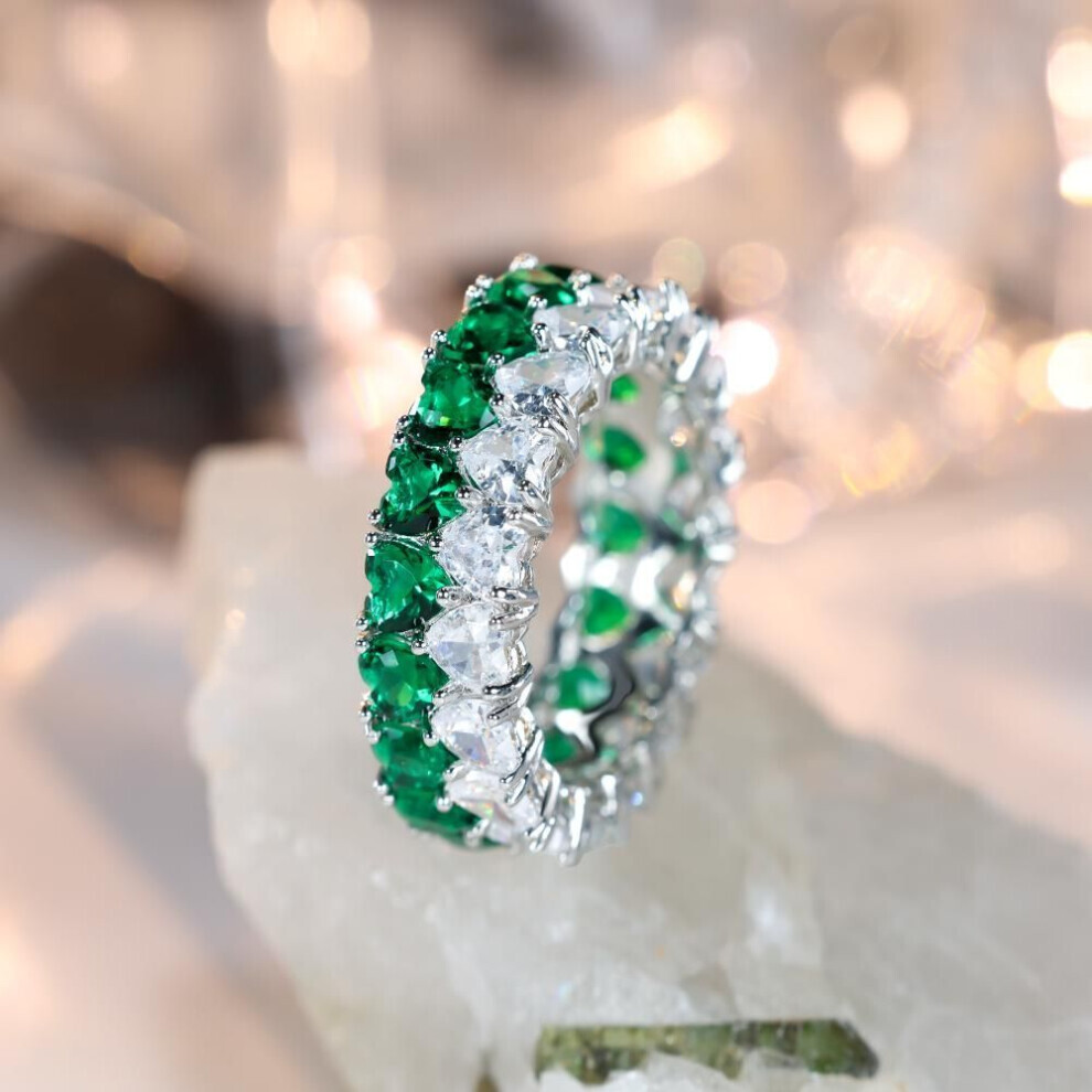 (green, 10) Heart Cut Green White Stone Cz Circle Ring Love Heart Double Row Engagement Ring Wedding Band Eternity Ring Valentine&apos;s Day Gift