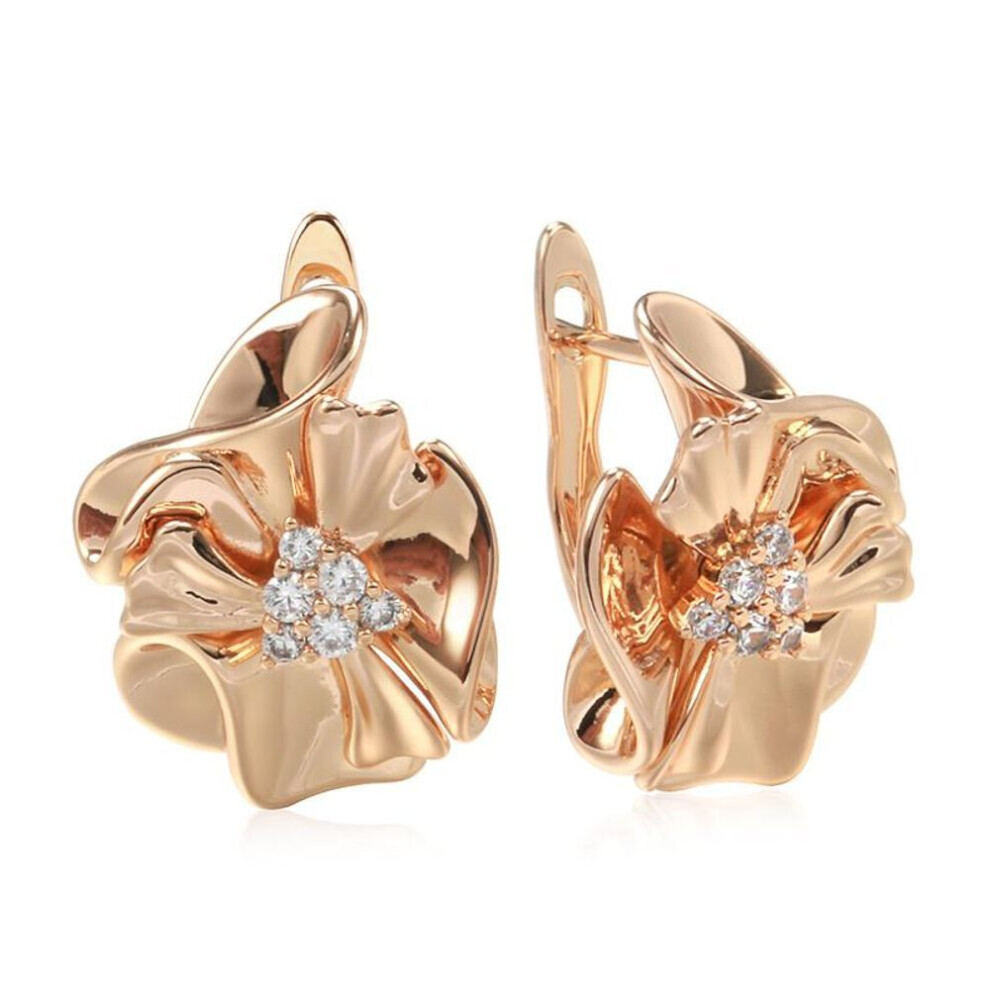 Maxpower (As The Picture) Elegant Flower Embossed Inlay Zircon Drop Earrings For Women Color Vintage Jewelry Wedding Party Accessories Gold