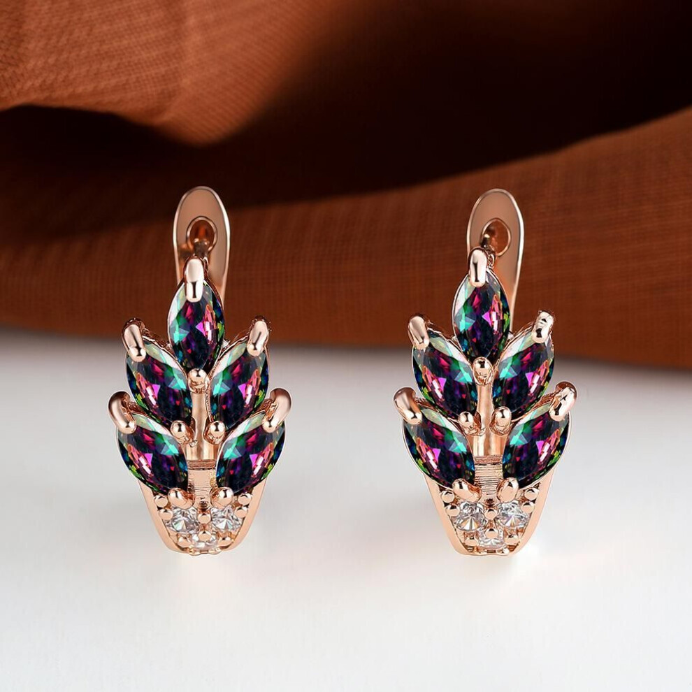 (multicolor) Fashion Women Rose Gold Color Leaf Ear Hook Earrings Marquise Cut Red Blue Purple Stone Pendant Earrings Jewelry Bridal Wedding Gift Accessories