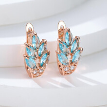 (aqua) Fashion Women Rose Gold Color Leaf Ear Hook Earrings Marquise Cut Red Blue Purple Stone Pendant Earrings Jewelry Bridal Wedding Gift Accessories