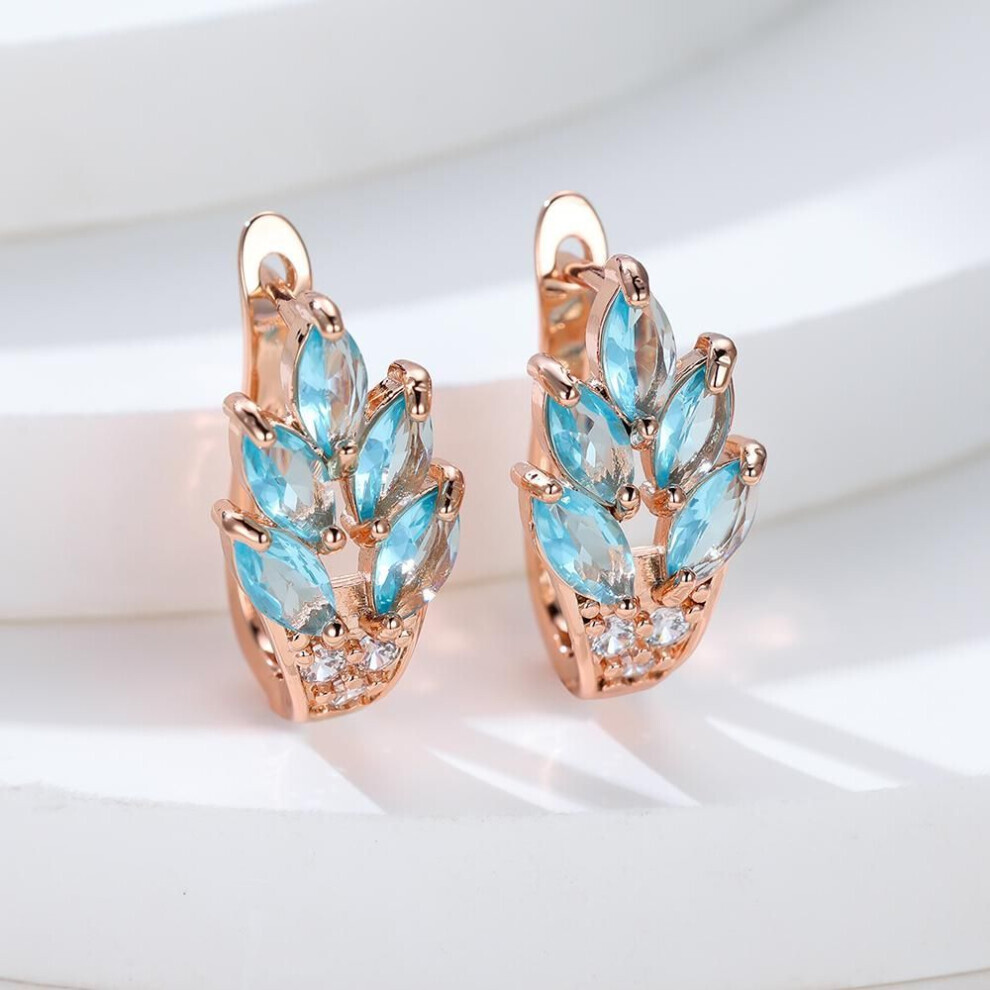 (aqua) Fashion Women Rose Gold Color Leaf Ear Hook Earrings Marquise Cut Red Blue Purple Stone Pendant Earrings Jewelry Bridal Wedding Gift Accessories
