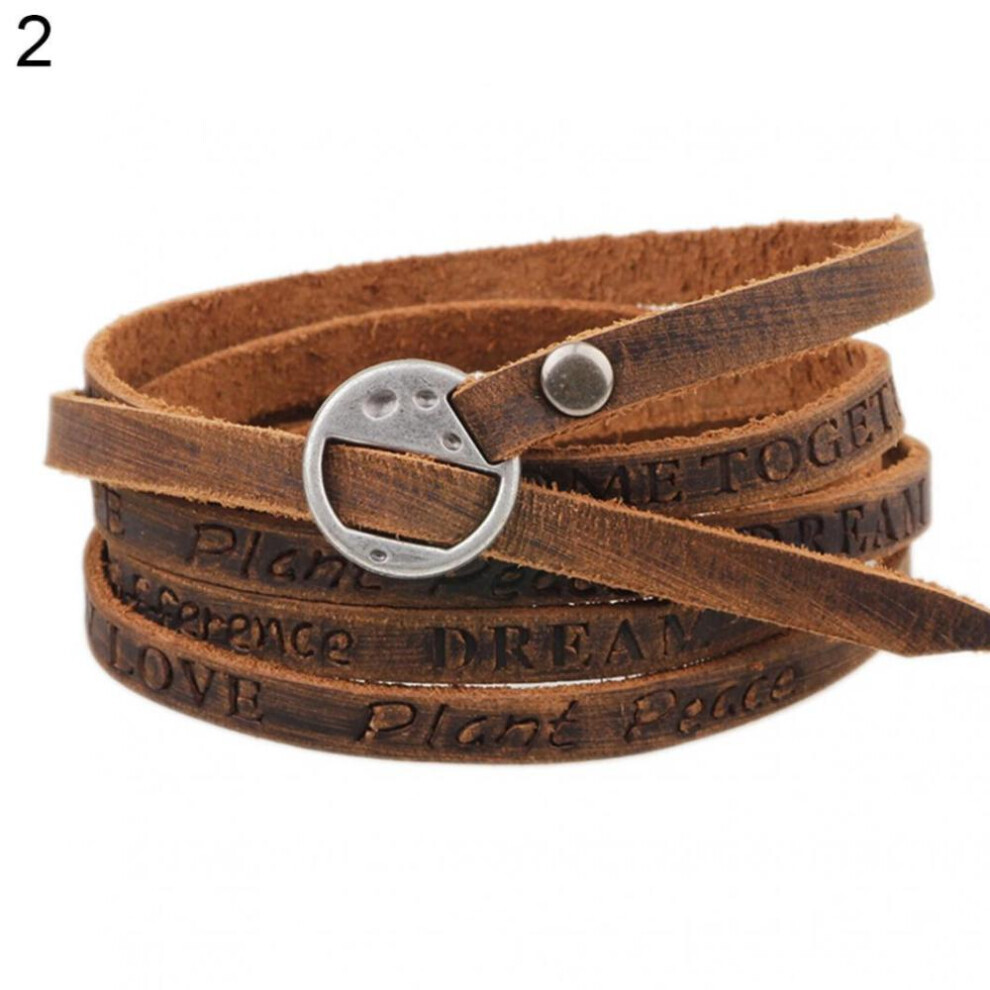 (brown) Women&apos;s Men&apos;s Faux Leather Bracelet Vintage Multilayer Letter Bangle Cuff Gift