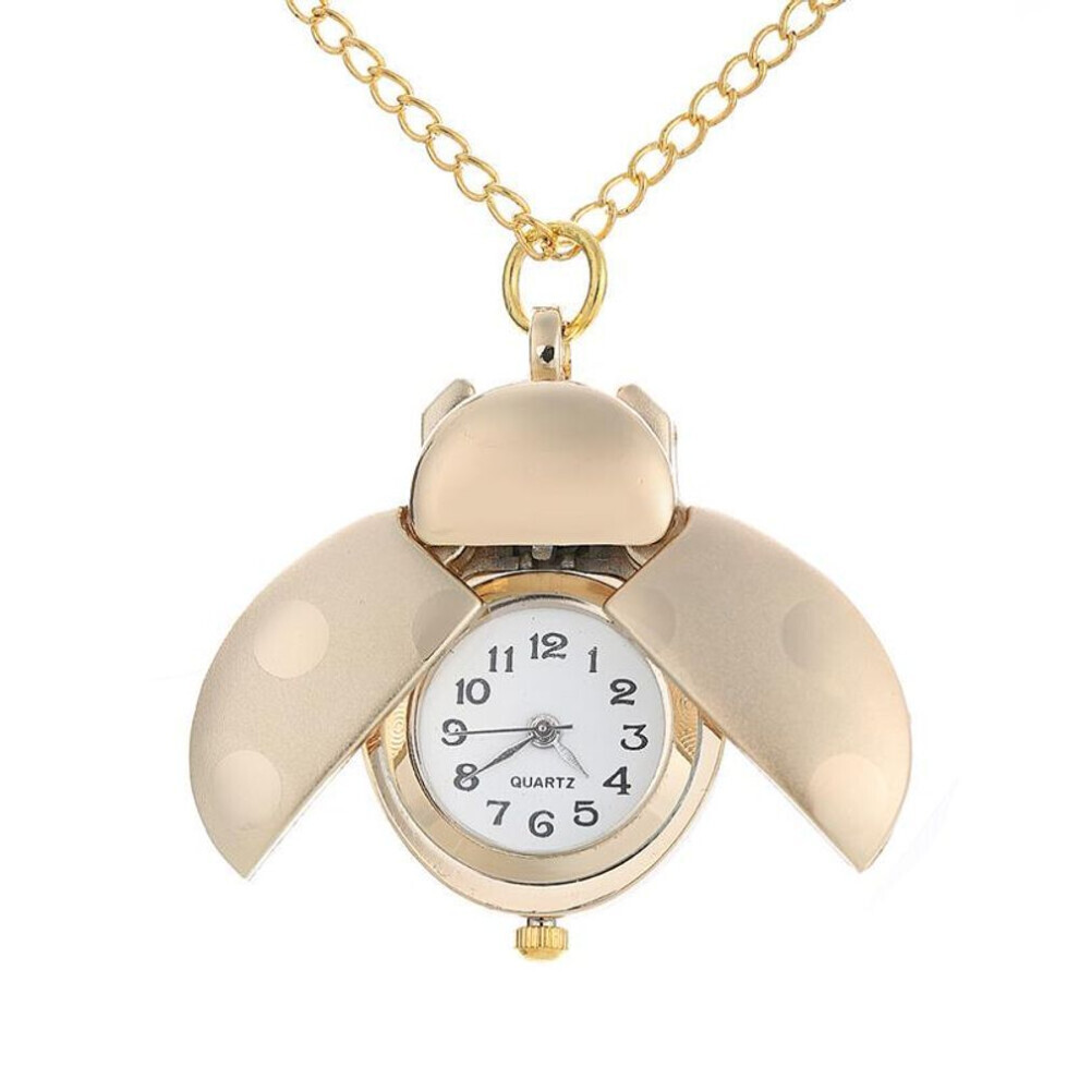 (gold) Cute Animal Beetle Pocket Watch Necklace Quartz Shellhard Ladybug Pendant With Chain