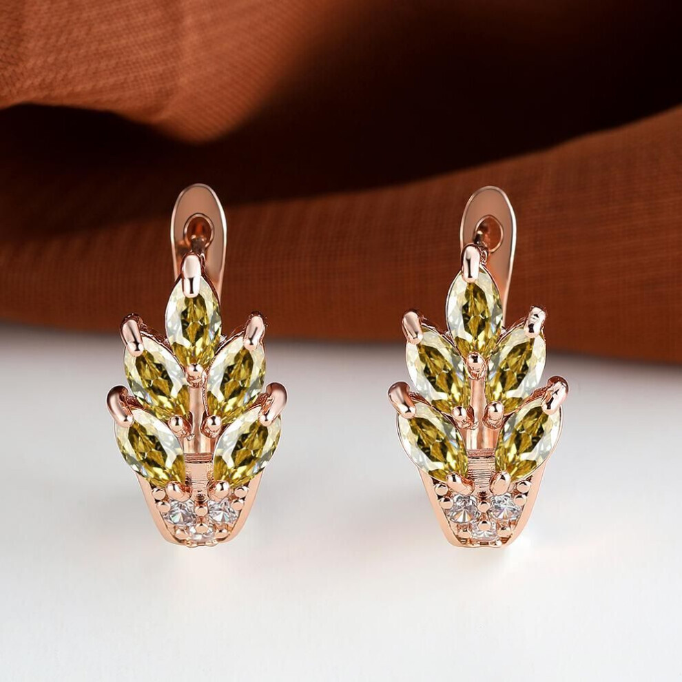 (yellow) Fashion Women Rose Gold Color Leaf Ear Hook Earrings Marquise Cut Red Blue Purple Stone Pendant Earrings Jewelry Bridal Wedding Gift Accessories