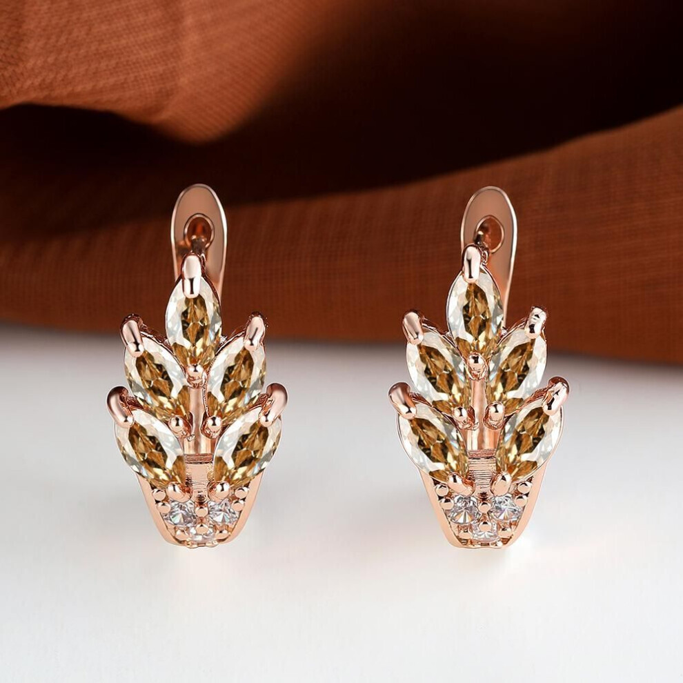 (champagne) Fashion Women Rose Gold Color Leaf Ear Hook Earrings Marquise Cut Red Blue Purple Stone Pendant Earrings Jewelry Bridal Wedding Gift Accessories