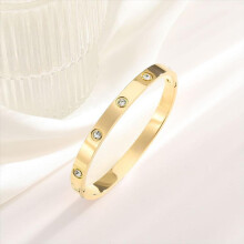 (gold, S035 Diamond Bracelet) Elegant Diamond-studded Titanium Steel Bracelet: Light Luxury & High-end Fashion, Electroplated 18k Gold, Shiny, No Fading, Water-resistant.