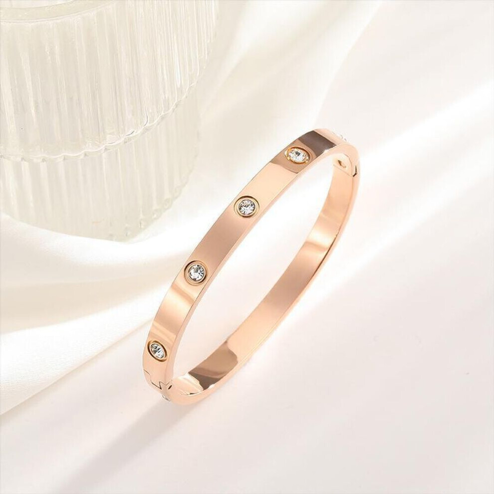 (rose, S034 Full Diamond Bracelet) Elegant Diamond-studded Titanium Steel Bracelet: Light Luxury & High-end Fashion, Electroplated 18k Gold, Shiny, No Fading, Water-resistant.