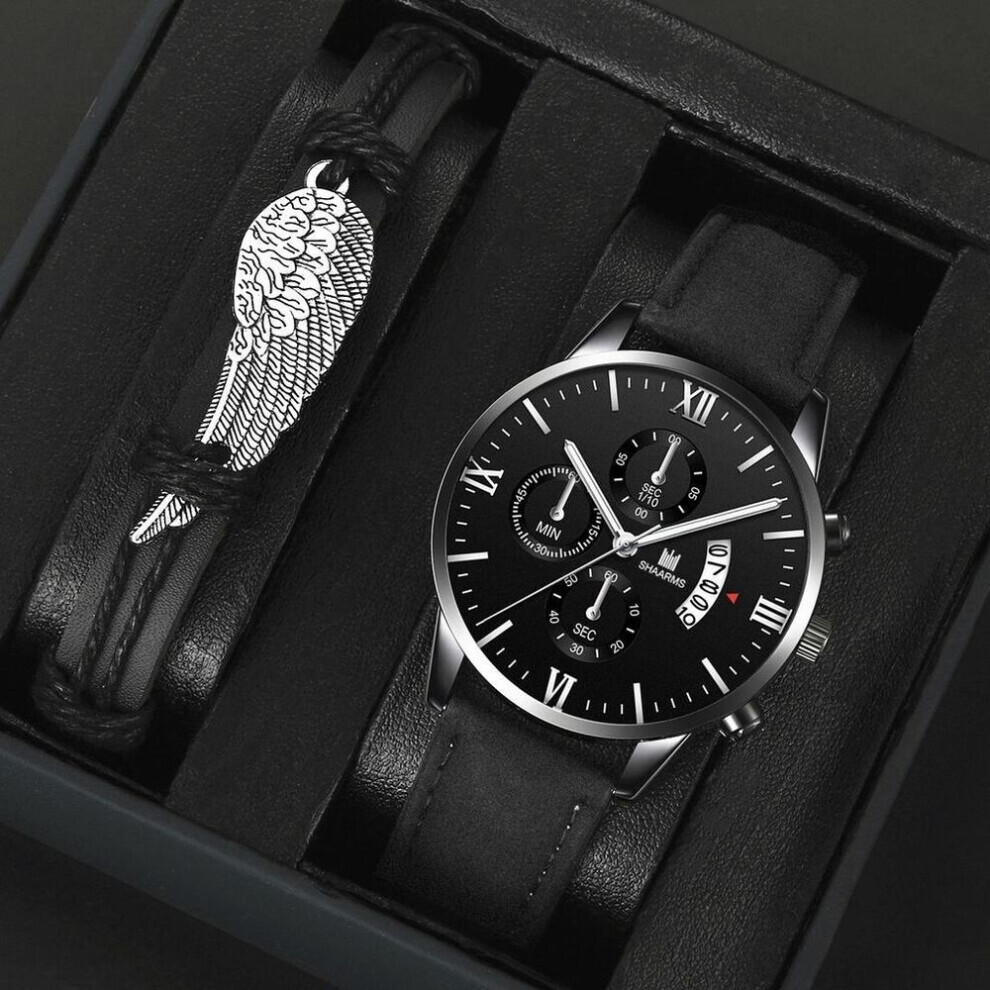 (black,silver) Men&apos;s Quartz Wrist Watch  With Leather Strap And Unique Wings Decoration