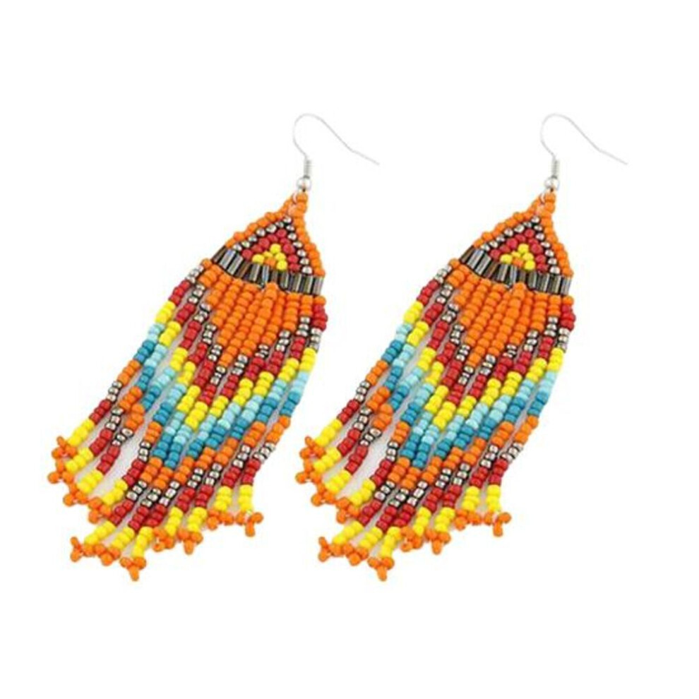 (orange) Women Bohemian Long Beaded Tassel Drop Dangle Hook Earrings Party Jewelry Gift