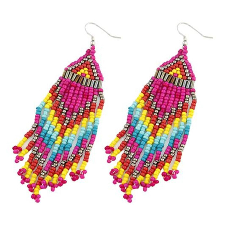 Maxpower (Rose ) Women Bohemian Long Beaded Tassel Drop Dangle Hook Earrings Party Jewelry Gift Red