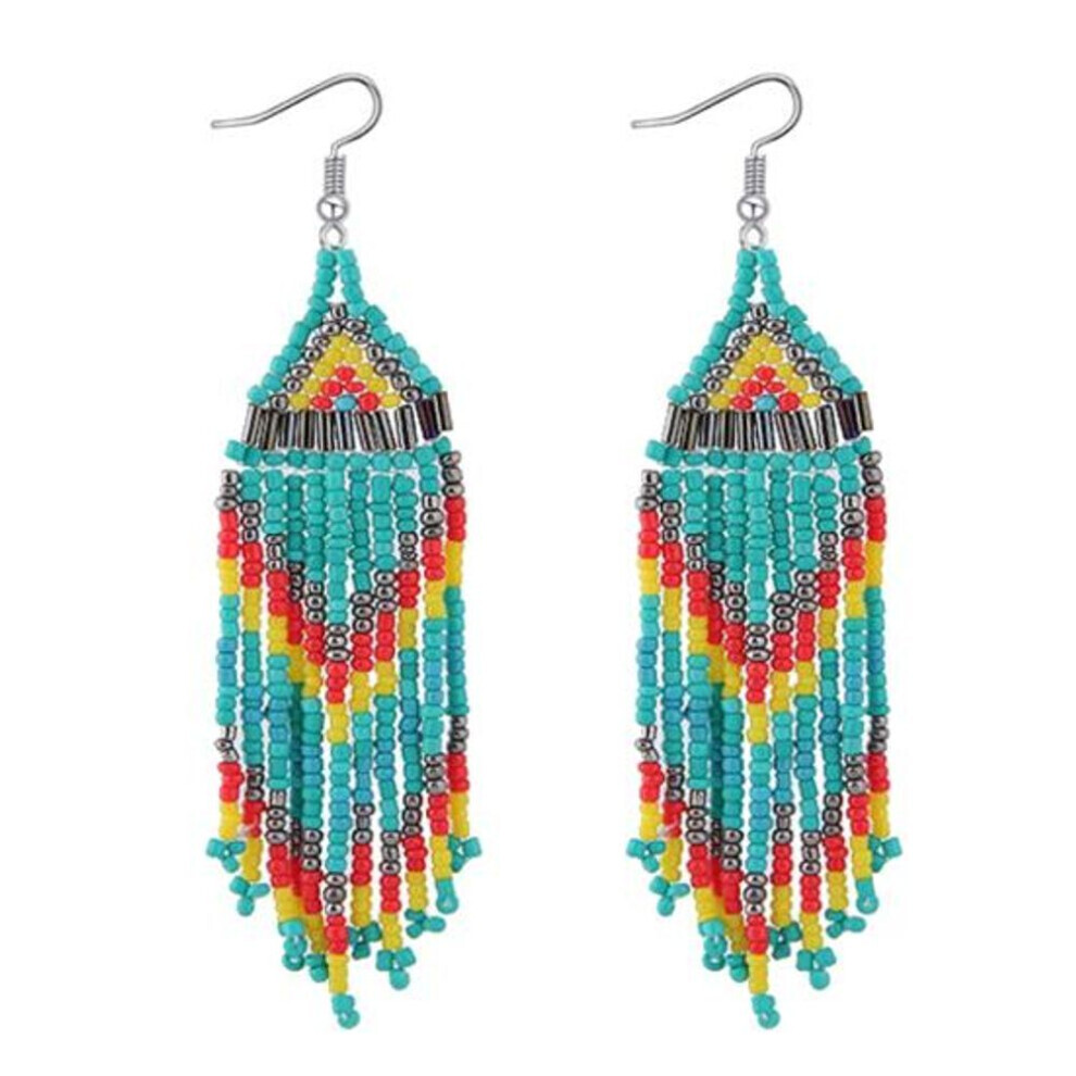 (blue) Women Bohemian Long Beaded Tassel Drop Dangle Hook Earrings Party Jewelry Gift