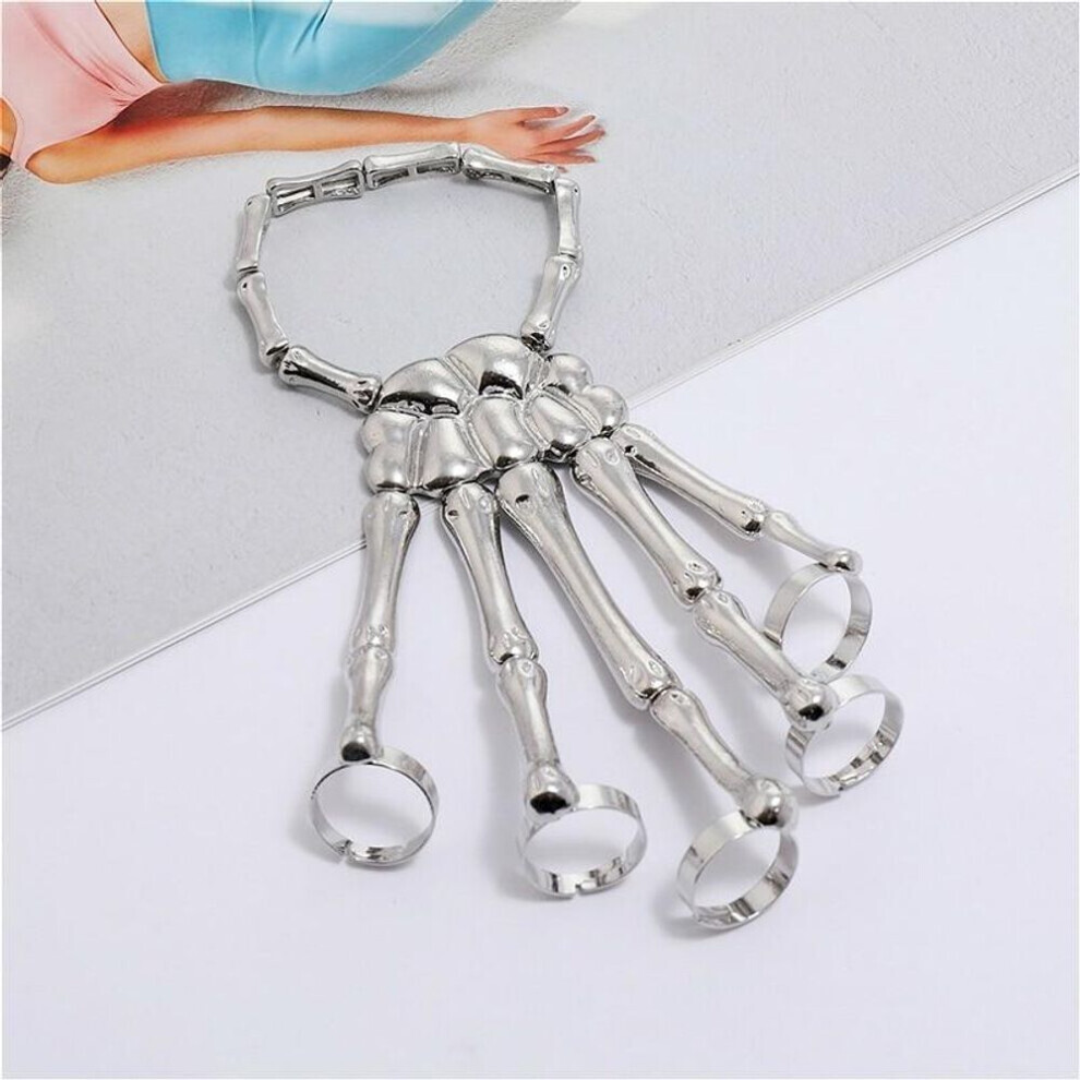 (silver) Halloween Bracelet For Gothic Punk Hand Skull Skeleton Elasticity Adjustable Bracelet Bangles Party Accessories