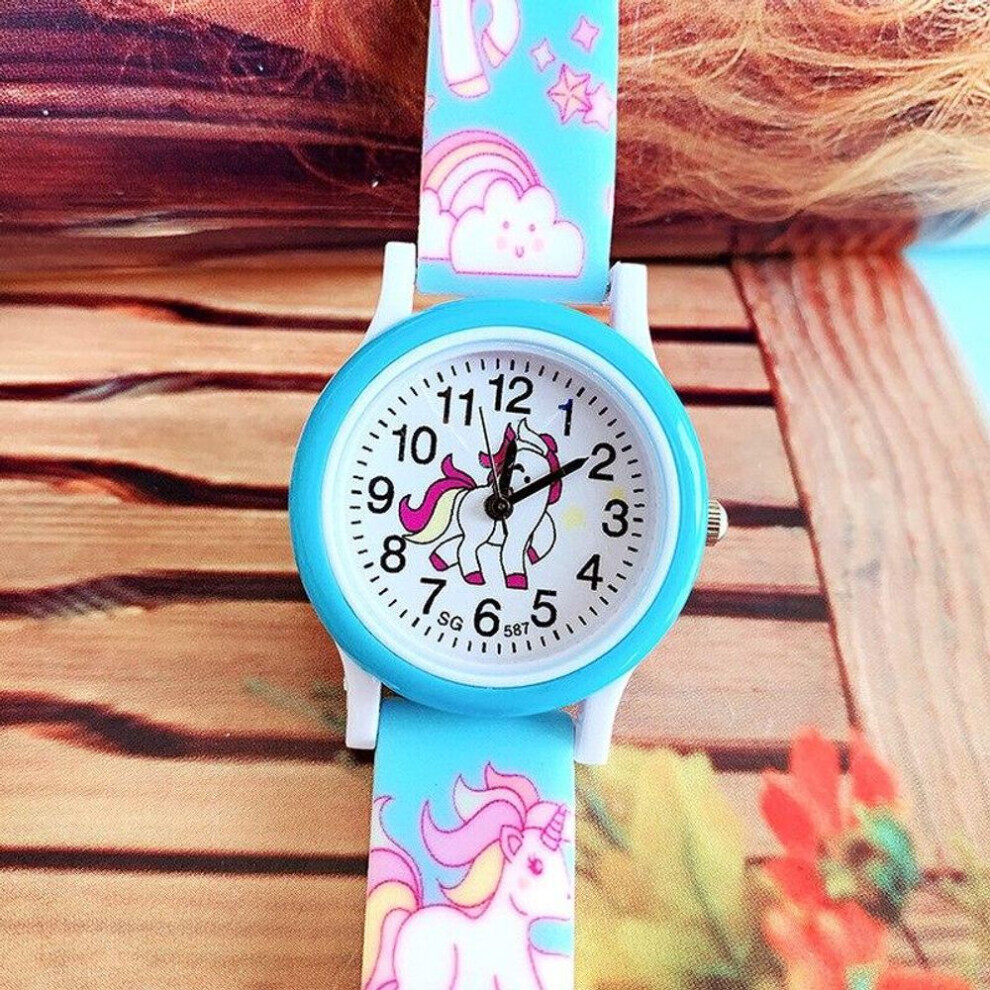 (blue) Cute Silicone Children Watches Cartoon Unicorn Boys Girls Kids Wristwatch Gifts Clock Accessory