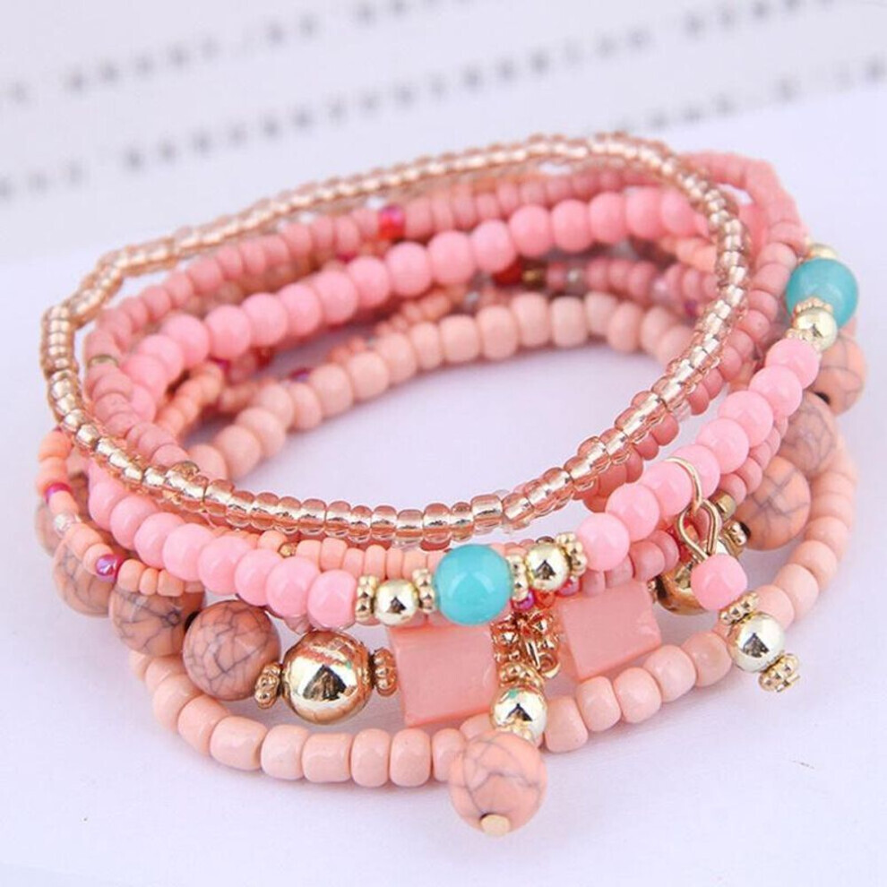 Maxpower (Pink) 5 Colors Women Bohemian Multilayer Bracelet Creative Turquoise Beaded Bangle Fashion Jewelry Pink,Green