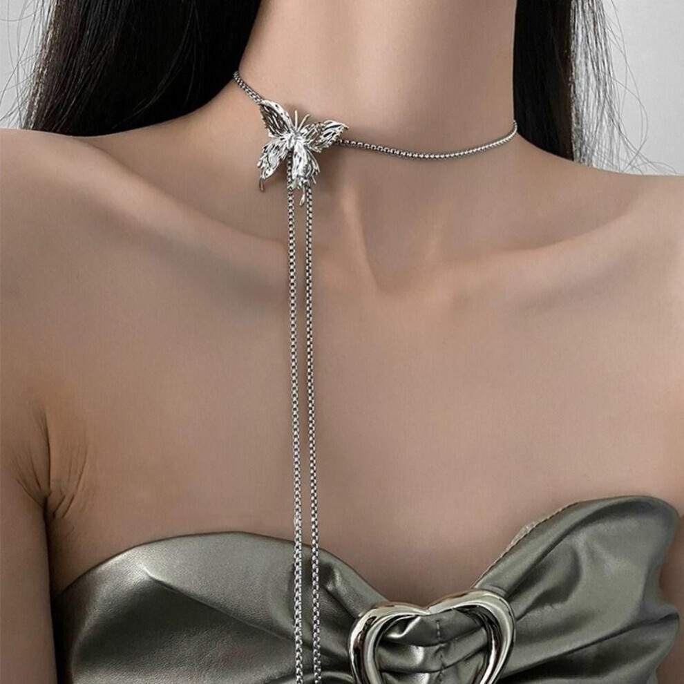 (Butterfly) Titanium Steel Clavicle Choker Silver Waist Chain Elegant Tassel Necklace  Women