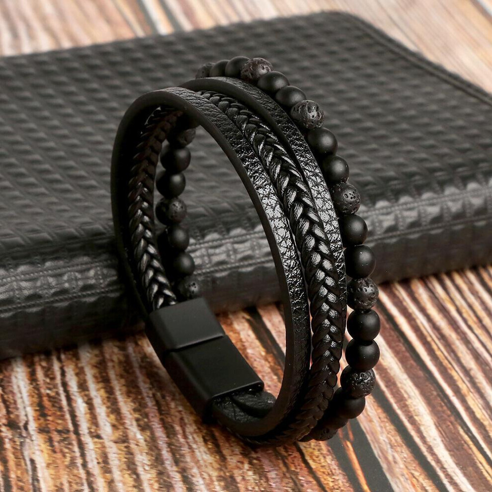 (black, 19cm) Classic Fashion Tiger Eye Beaded Multi Layer Leather Bracelet For Men Hand-woven Leather Men Bracelets Punk Bangle Jewelry For Male