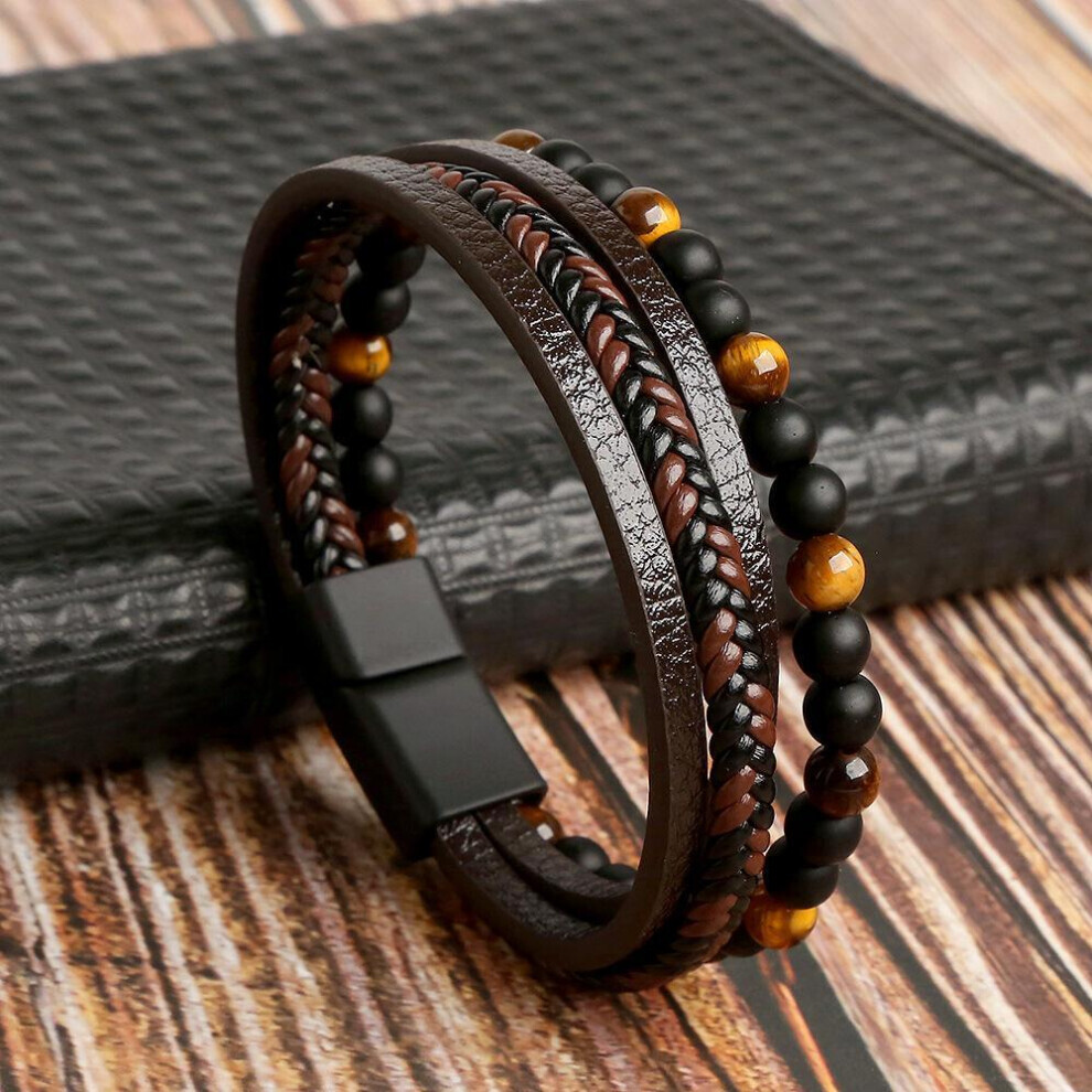 (brown, 19cm) Classic Fashion Tiger Eye Beaded Multi Layer Leather Bracelet For Men Hand-woven Leather Men Bracelets Punk Bangle Jewelry For Male
