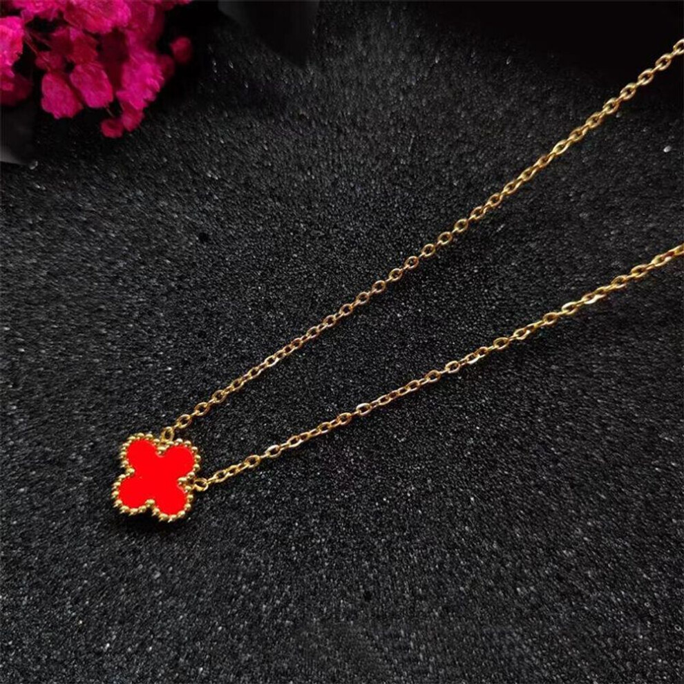 Maxpower (Red) Four-Leaf Clover Necklace Double-Sided Lucky Grass Titanium Steel Does Not Lose Colour Women's Necklace Classic Fashion Collarbone Chain Red