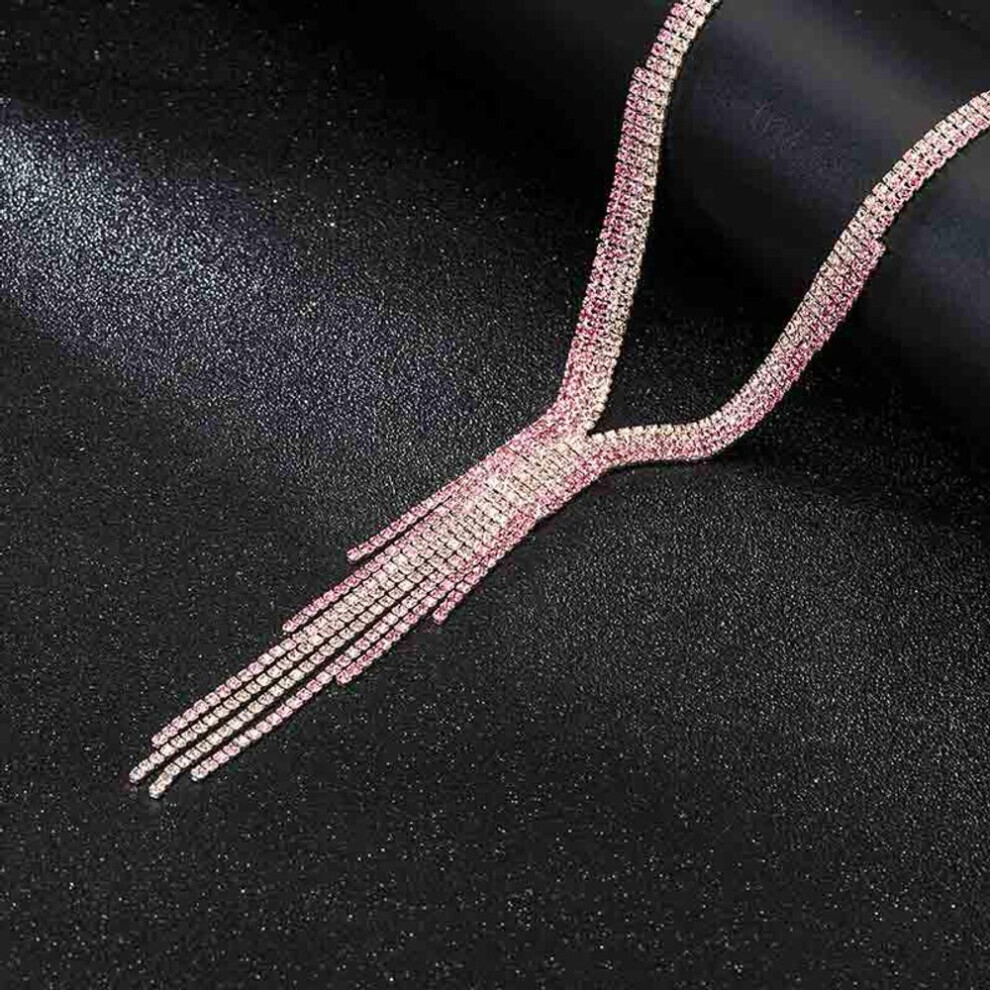 Maxpower (, 40+7.5Cm) Long Tassel Simple Crystal Rhinestone Choker Necklace Women Gem Statement Collares Chokers Bijoux Pink