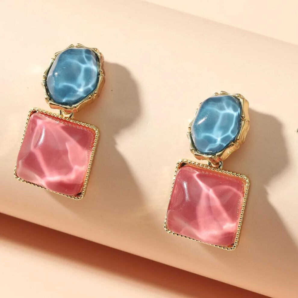 (Red) Trendy Colorful Resin Square Stud Earrings For Women French Earrings Fashion Jewelry Gifts