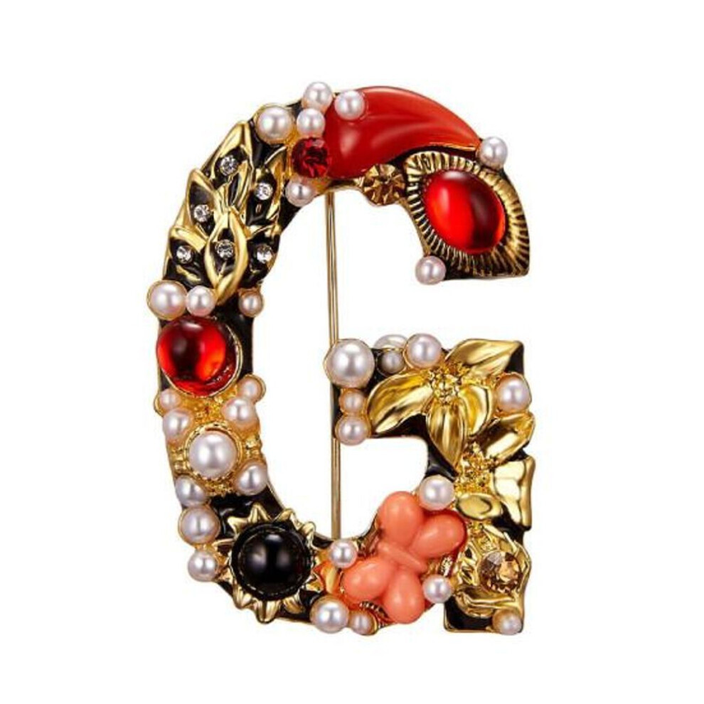 Maxpower (As The Picture, G) Brooch Pin New Small Charming Brooch Pin Women Rhinestone Faux Pearl Brooch Pin Alphabet Brooch Pin For Club White