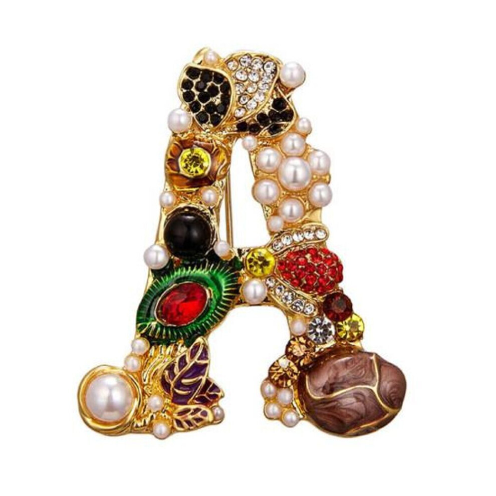 Maxpower (As The Picture, A) Brooch Pin New Small Charming Brooch Pin Women Rhinestone Faux Pearl Brooch Pin Alphabet Brooch Pin For Club White