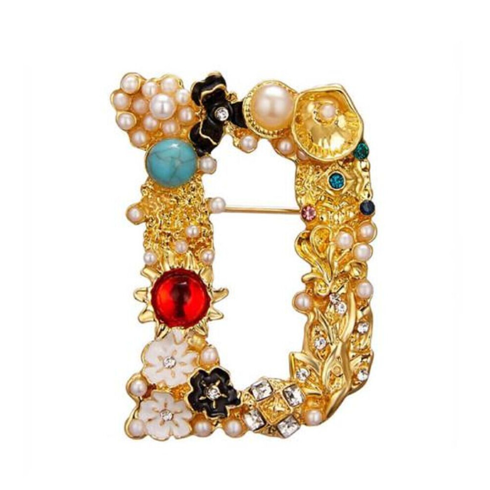 Maxpower (As The Picture, D) Brooch Pin New Small Charming Brooch Pin Women Rhinestone Faux Pearl Brooch Pin Alphabet Brooch Pin For Club White