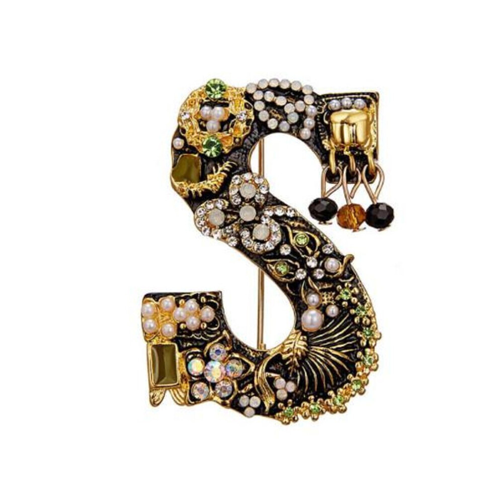 (as the picture, S) Brooch Pin New Small Charming Brooch Pin Women Rhinestone Faux Pearl Brooch Pin Alphabet Brooch Pin For Club