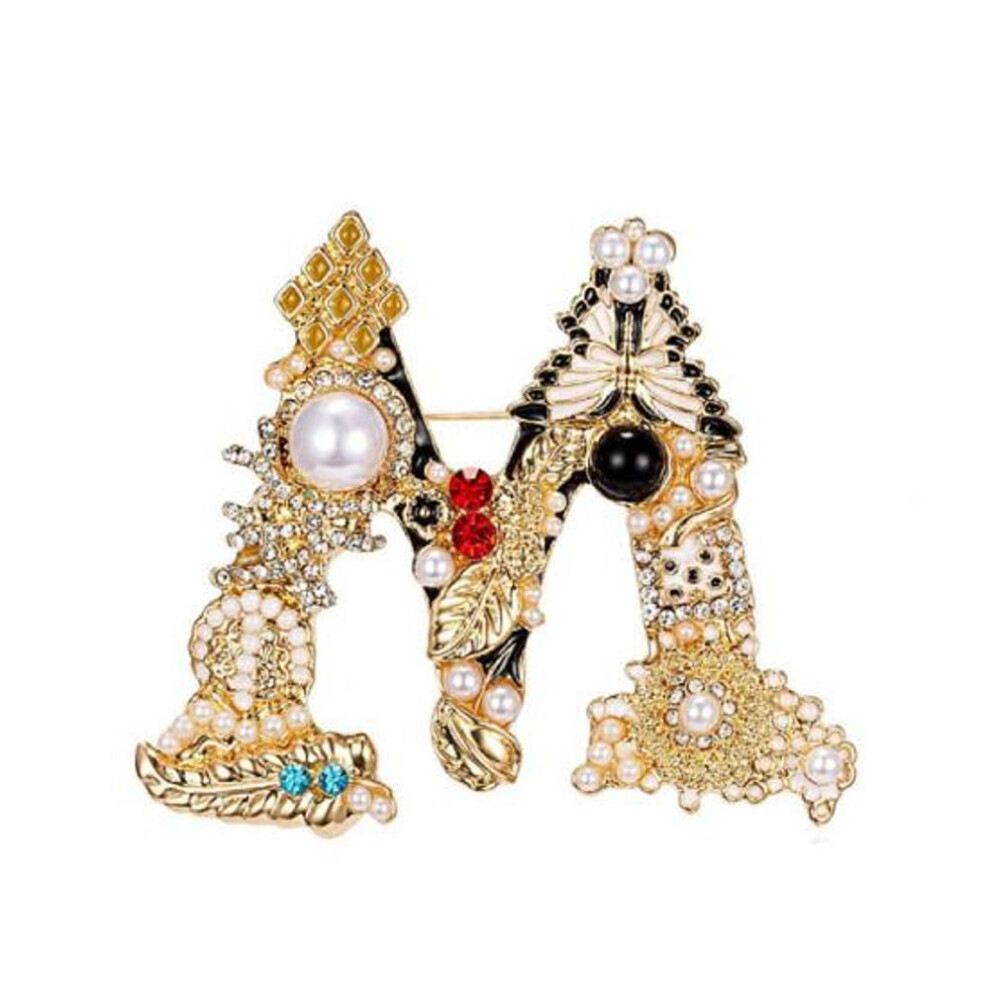 Maxpower (As The Picture, M) Brooch Pin New Small Charming Brooch Pin Women Rhinestone Faux Pearl Brooch Pin Alphabet Brooch Pin For Club White