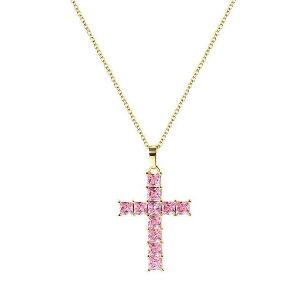 (Gold,Pink) Trendy Classic Unisex Cross Necklace Dropshipping Gold Multi Color Crystal Jesus Cross Pendant for Women Gifts