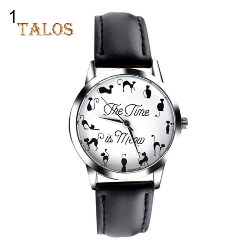 (black) Novelty Cat Letter Dial Quartz Moment Faux Leather Band Couples Wrist Watch Trinket Decor