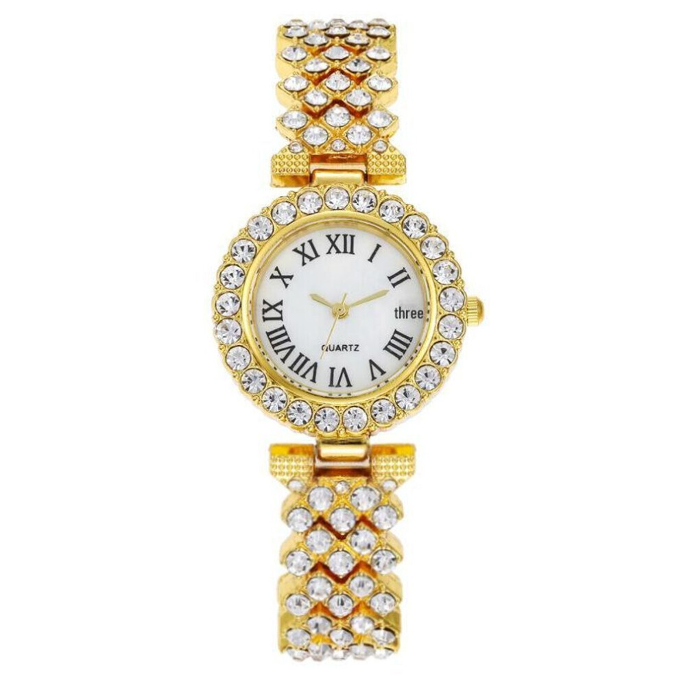 (gold) "fashion Roman Pattern Diamond Quartz Ladies Watch With Bracelet"