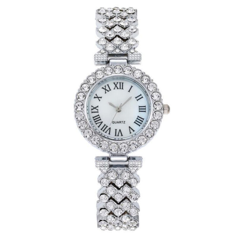 (silver) "fashion Roman Pattern Diamond Quartz Ladies Watch With Bracelet"