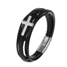 (silver) Charm Jewelry Handmade Weave Leather Cross Bracelet Men
