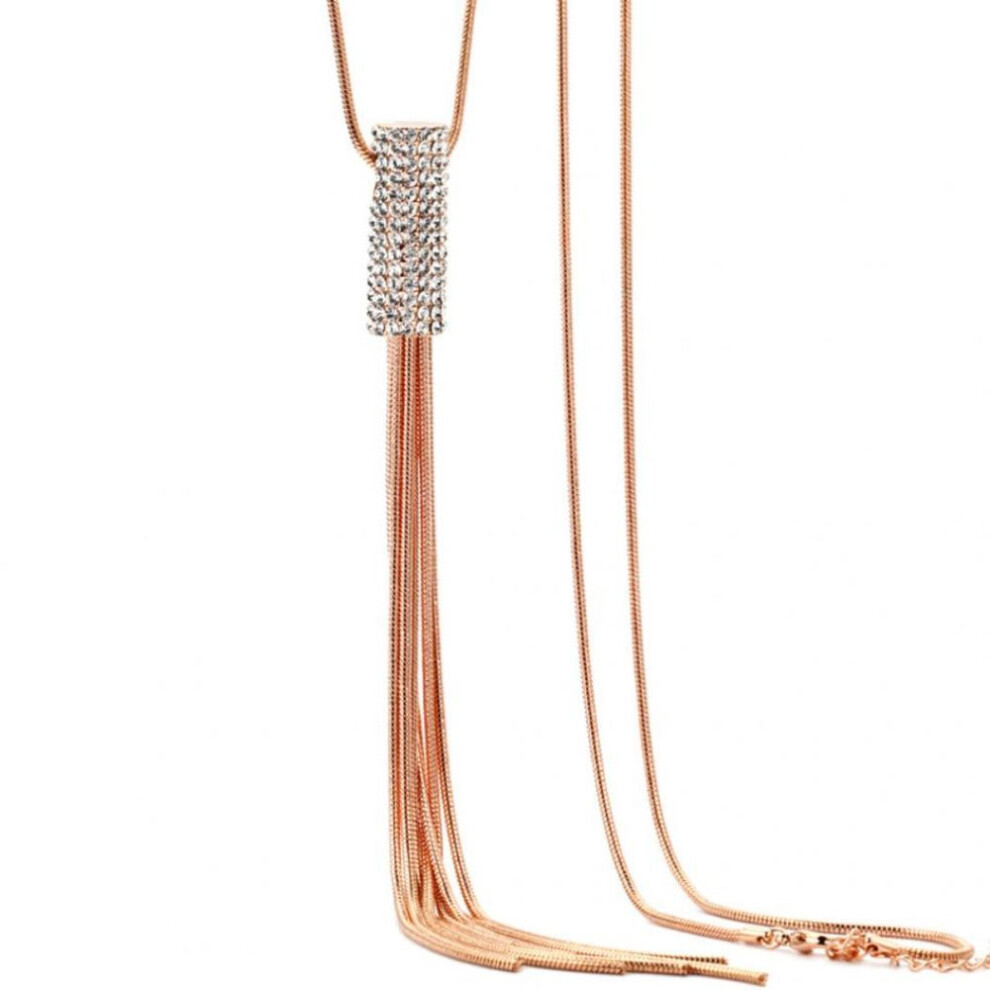 Maxpower (Rose Gold) Women Full Cubic Zircon Cylinder Pendant Long Chain Tassel Sweater Necklace