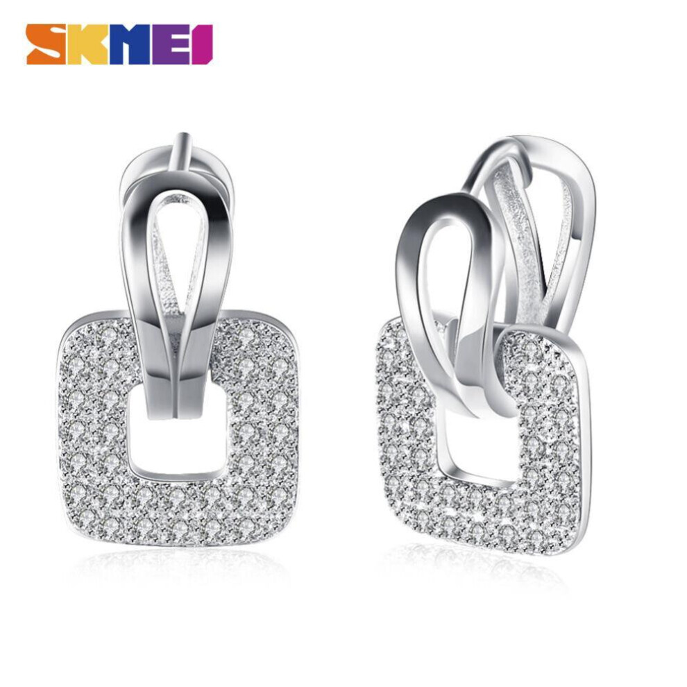 Maxpower (Silver) Skmei Fashion Square Zircon Earrings For Girls Popular Romantic Platinum Plated Ear Clip Silver