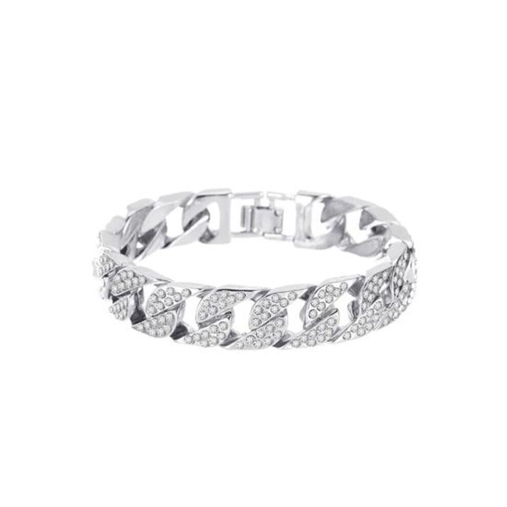 (white) Women Rhinestone Inlaid Cuban Link Chain Bracelet  Jewelry Gift