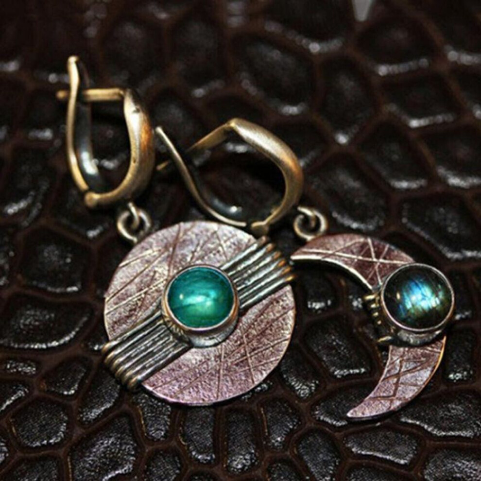 (as the picture) Ancient Red Copper Crescent Moon Earrings, European And American Trends, Round Blue Moonstone, Asymmetrical Vintage Earrings