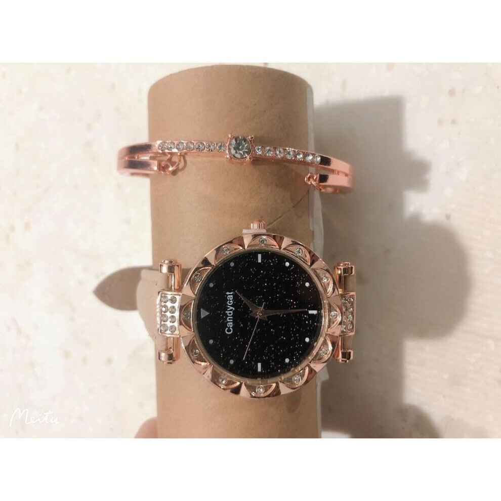 Maxpower (Gray + Pulseira) Fashion Ladies Leather Strap Quartz Watch Starry Dial Grey