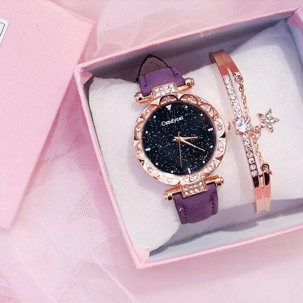 Maxpower (Purple+Braceleta) Fashion Ladies Leather Strap Quartz Watch Starry Dial Purple