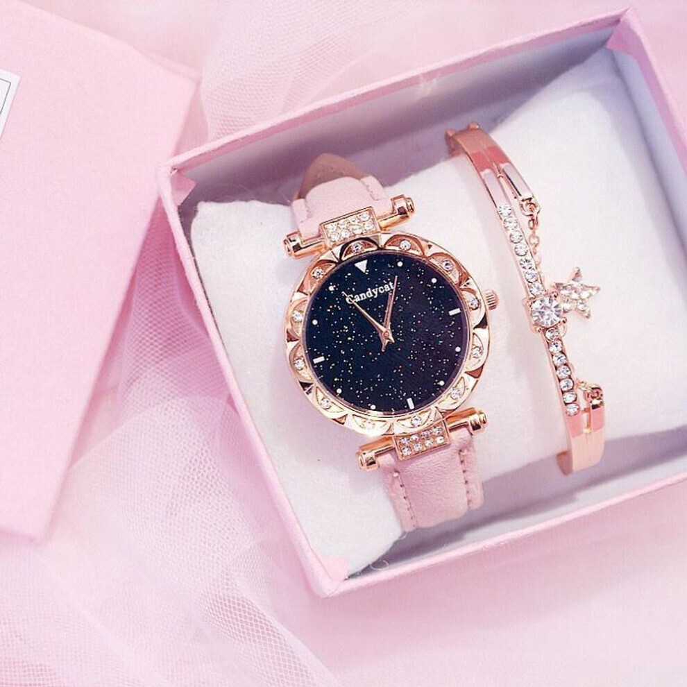 Maxpower (Pink+Braceleta) Fashion Ladies Leather Strap Quartz Watch Starry Dial Pink