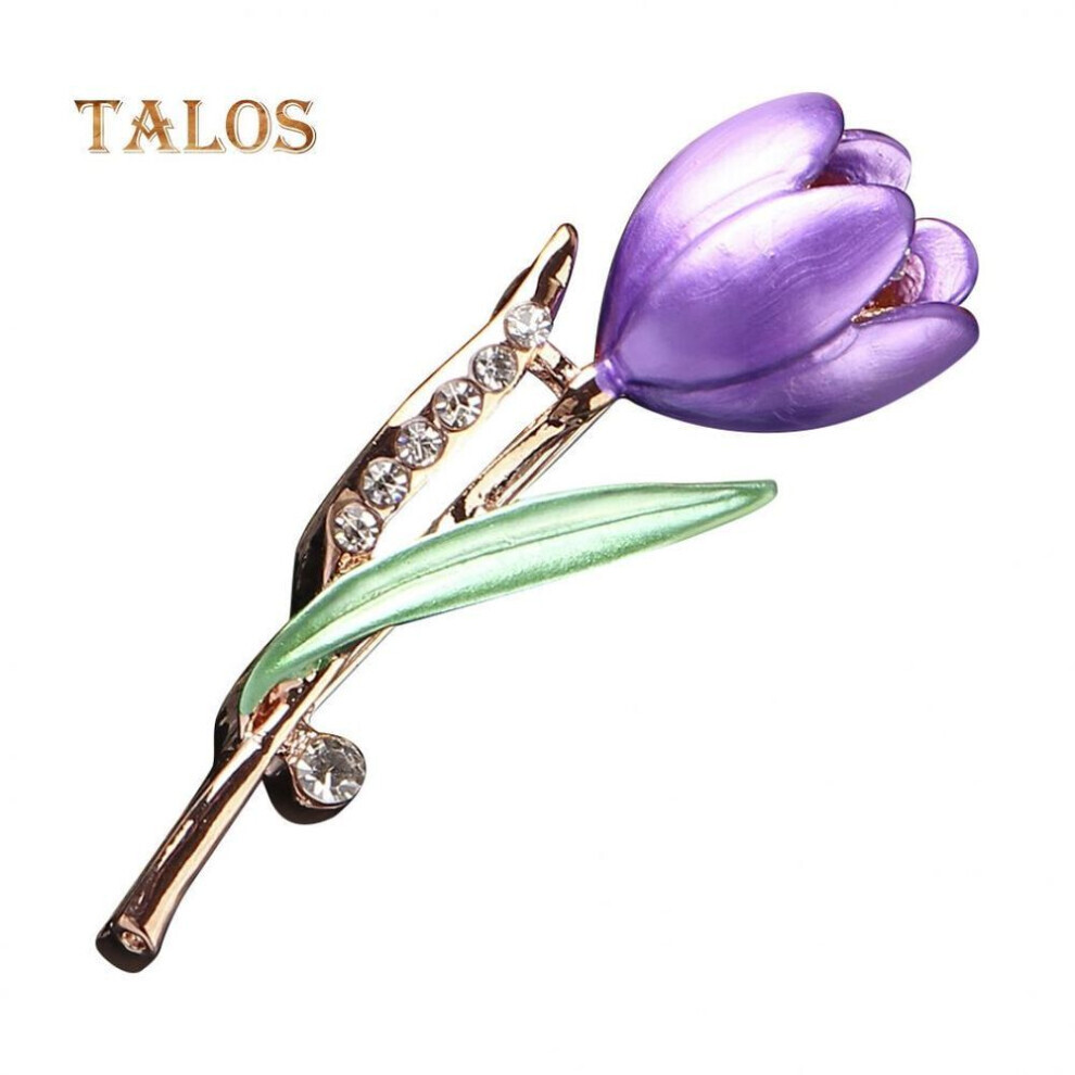 (purple) Fashion Lady Tulip Brooch Crystal Stone Decor Flower Pin Elegant Suit Breastpin Decoration