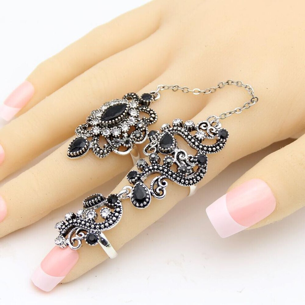 Maxpower (Silver) Turkish Double Finger Rings For Women Flower Ethnic Jewelry